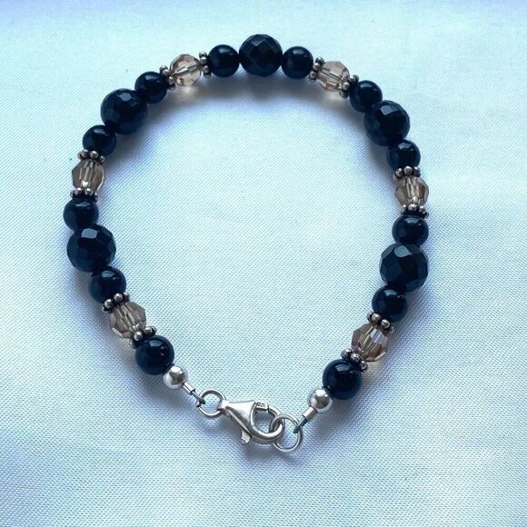 OM# Lovely Sterling 925 Silver with ONYX , Amber& Crystals 7” Bracelet - Picture 7 of 10